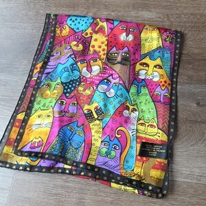 Vintage 100% Silk Laurel Burch Collage of Kitty Cat Scarf Vibrant Multicolor